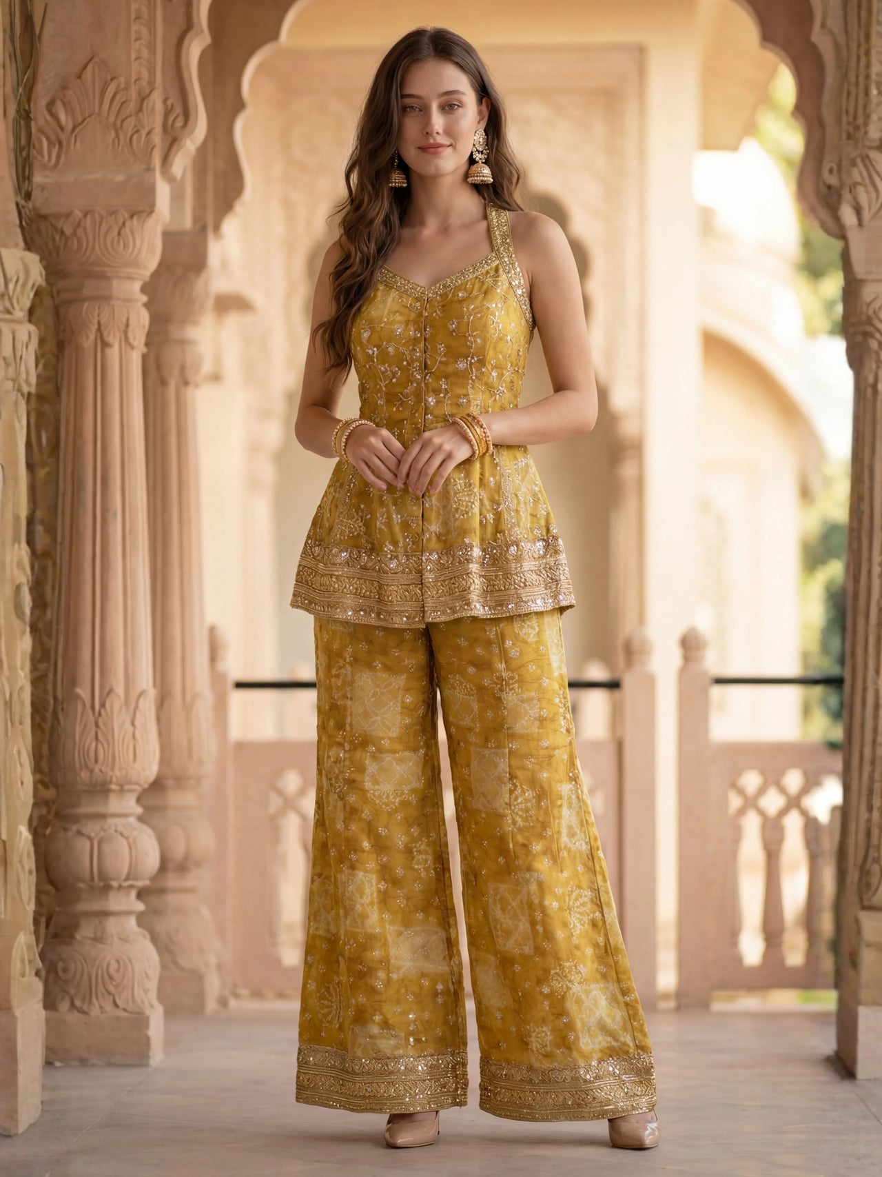Mustard Bandhani Embroidered Three-Piece Palazzo Set for Eid