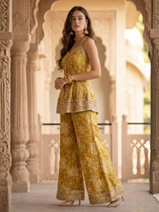 Mustard Bandhani Embroidered Three Piece Palazzo Set in Dola Silk