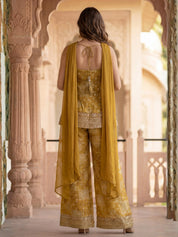 Mustard Bandhani Embroidered Three Piece Palazzo Set in Dola Silk