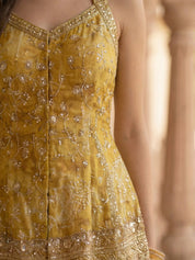 Mustard Bandhani Embroidered Three Piece Palazzo Set in Dola Silk