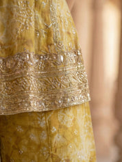 Mustard Bandhani Embroidered Three Piece Palazzo Set in Dola Silk