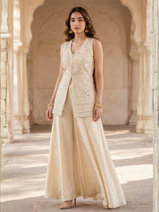 Cream Embroidered Three Piece Palazzo Set in Crepe
