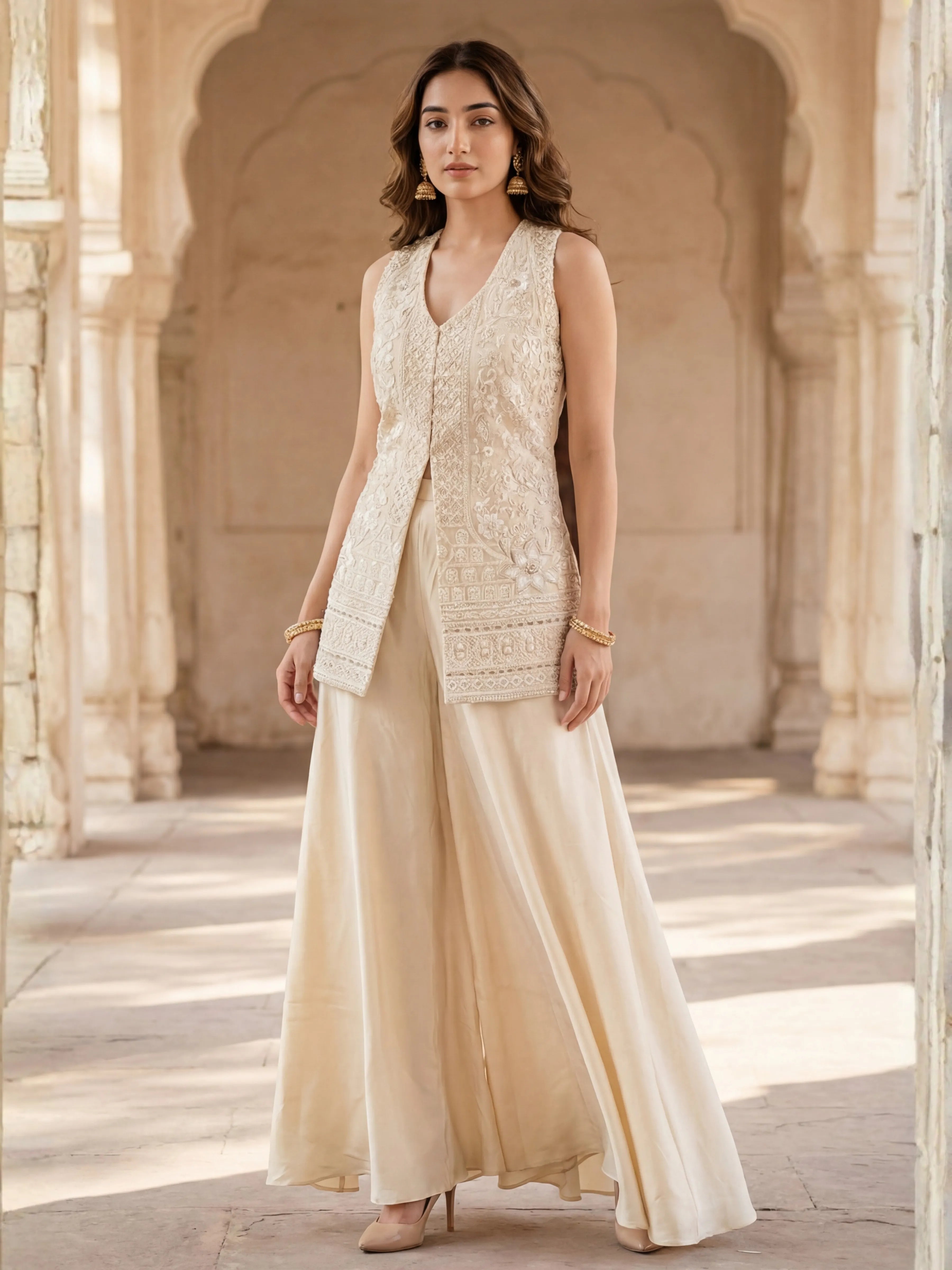 Cream Embroidered Three Piece Palazzo Set in Crepe