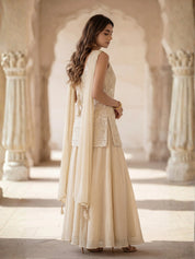 Cream Embroidered Three Piece Palazzo Set in Crepe