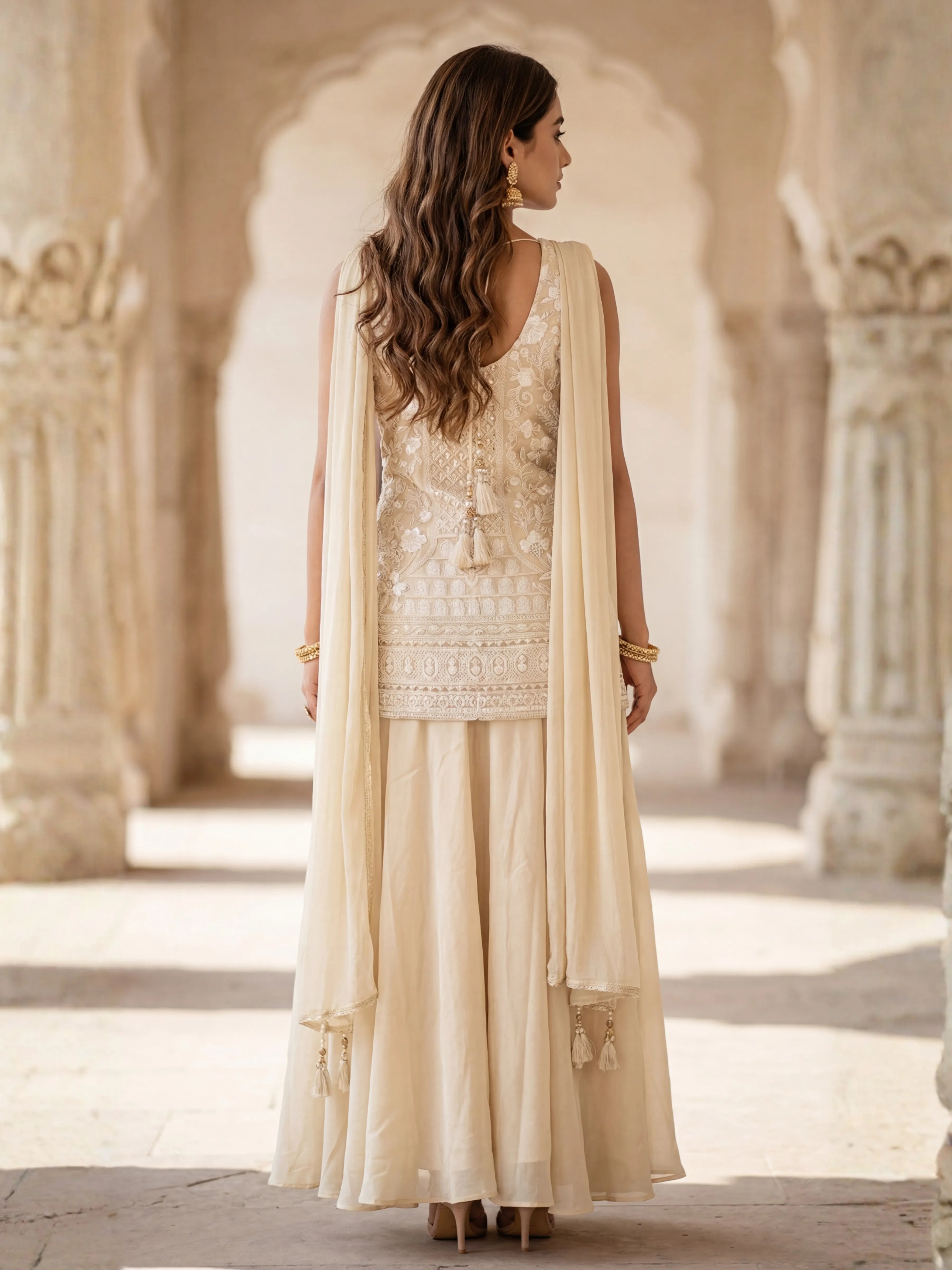 Cream Embroidered Three Piece Palazzo Set in Crepe