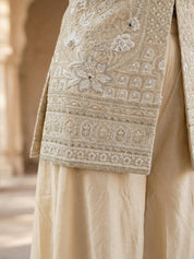 Cream Embroidered Three Piece Palazzo Set in Crepe