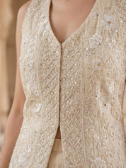 Cream Embroidered Three Piece Palazzo Set in Crepe