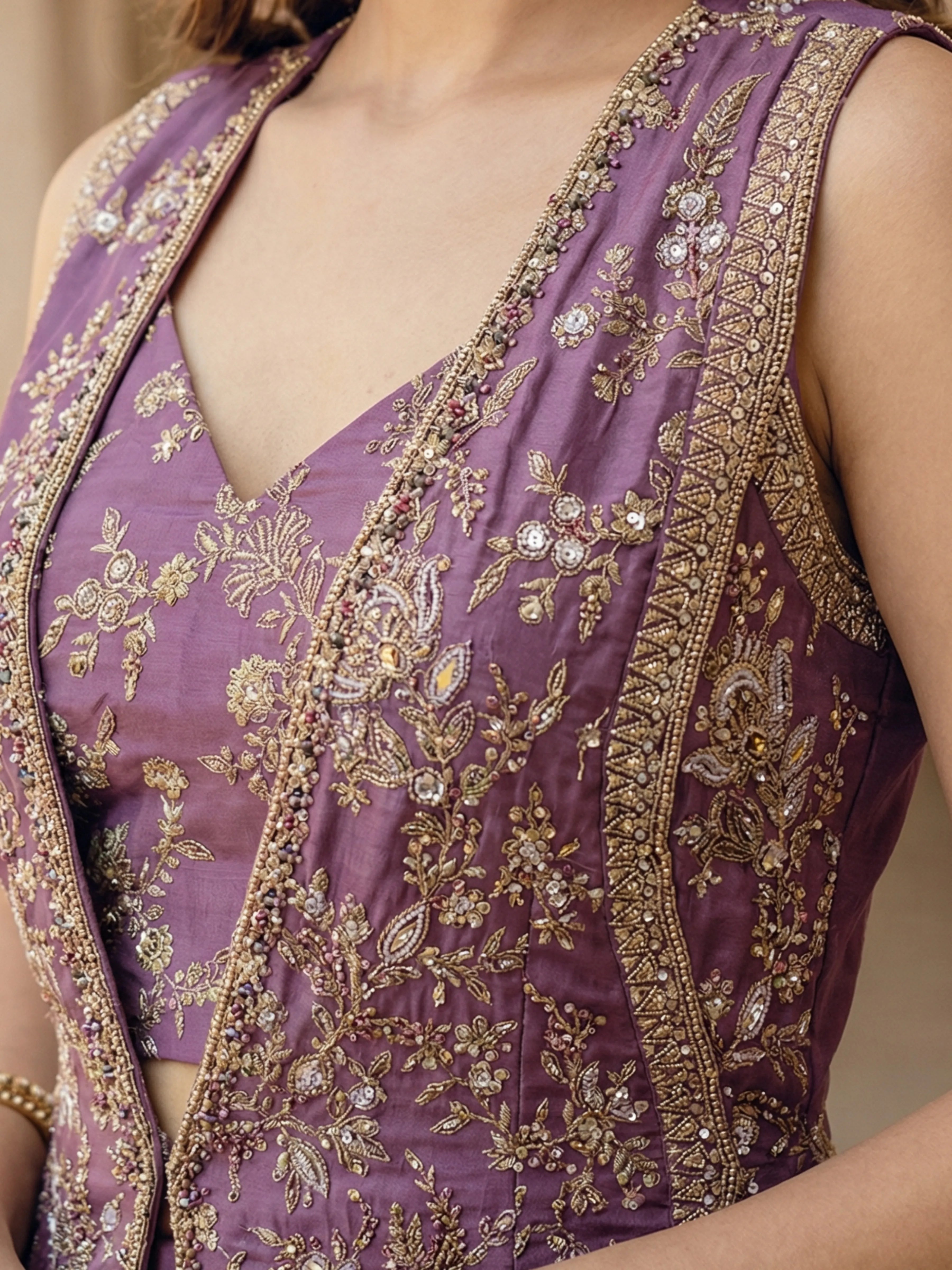 Purple Floral Embroidered Three Piece Jacket Set