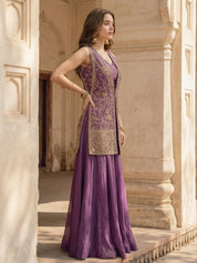 Purple Floral Embroidered Three Piece Jacket Set