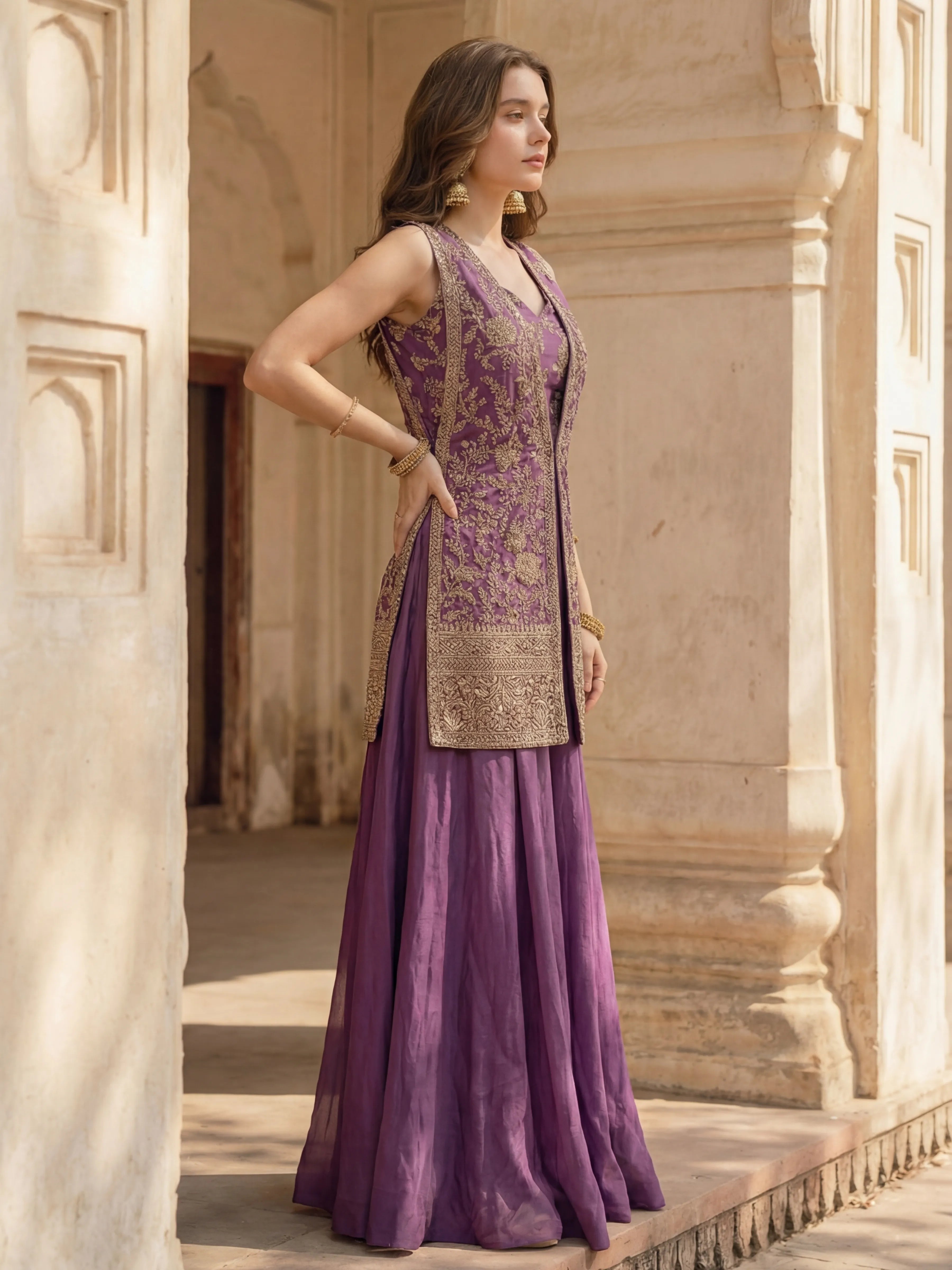 Purple Floral Embroidered Three Piece Jacket Set