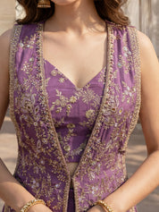 Purple Floral Embroidered Three Piece Jacket Set