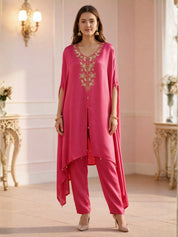 Hot Pink Floral Bead Embroidery Kaftan Co-ord Set in Crepe