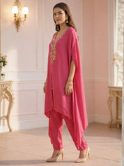 Hot Pink Floral Bead Embroidery Kaftan Co-ord Set in Crepe