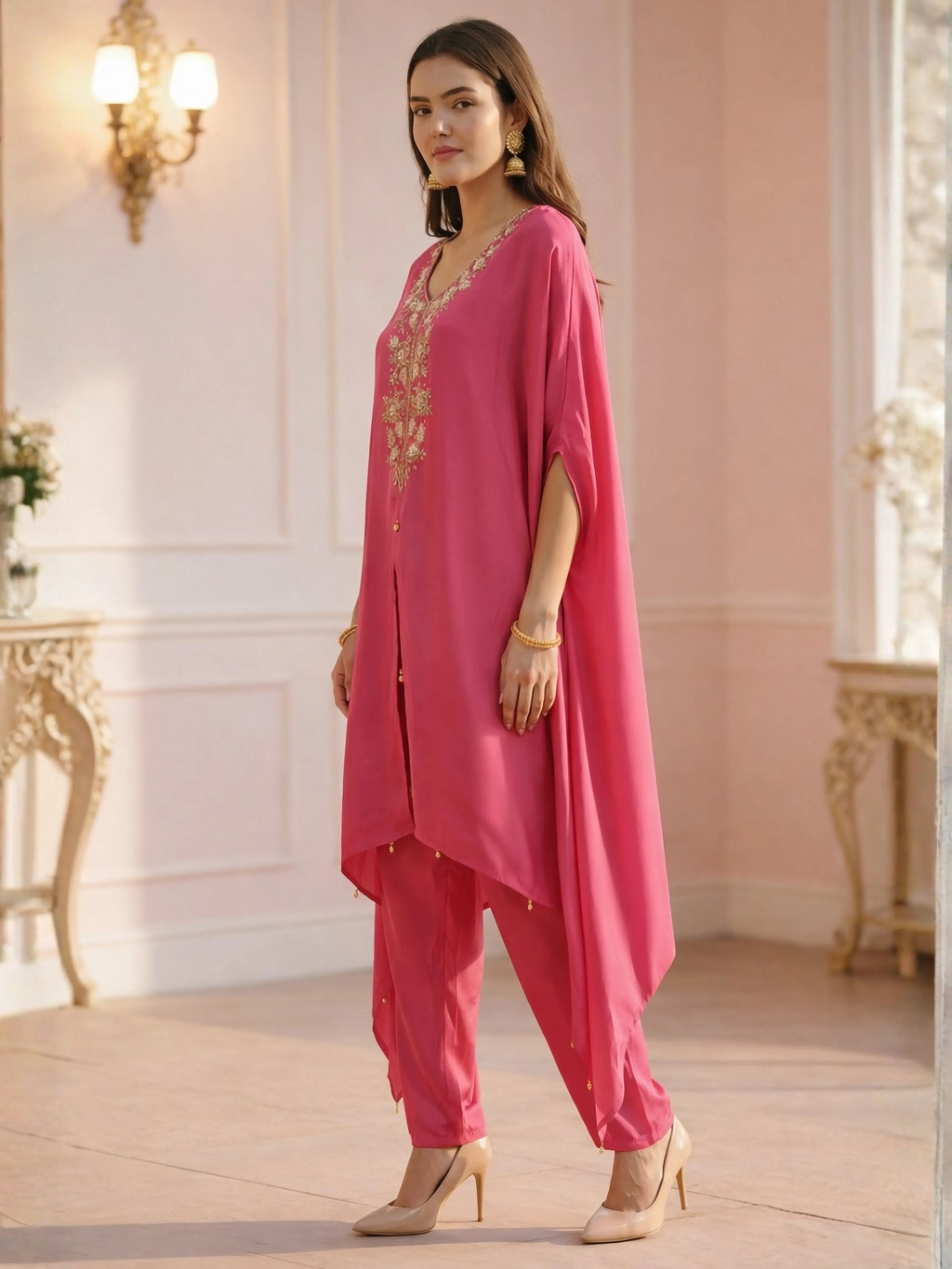 Hot Pink Floral Bead Embroidery Kaftan Co-ord Set in Crepe