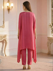 Hot Pink Floral Bead Embroidery Kaftan Co-ord Set in Crepe