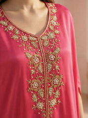 Hot Pink Floral Bead Embroidery Kaftan Co-ord Set in Crepe