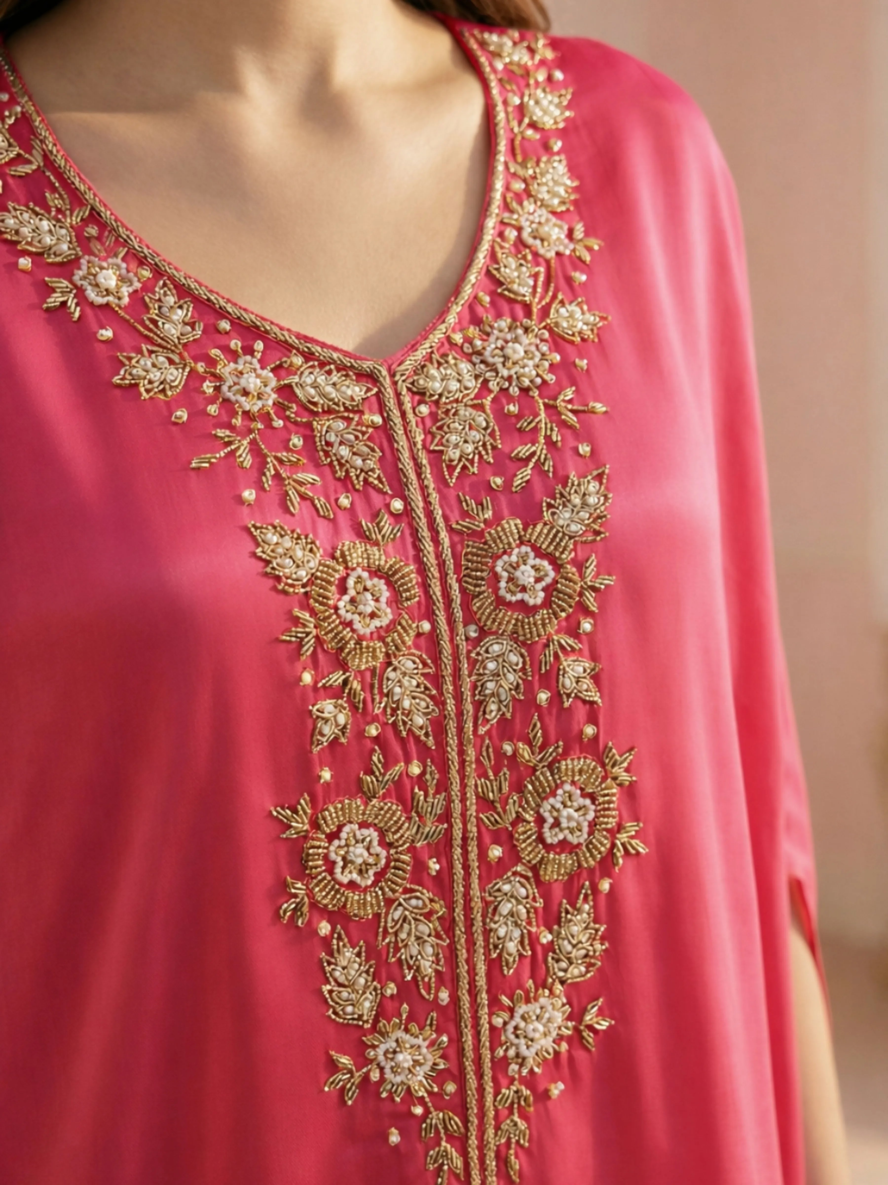 Hot Pink Floral Bead Embroidery Kaftan Co-ord Set in Crepe