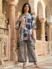 Blue & Beige Abstract High-Low Co-ord Set in Embellished Crepe