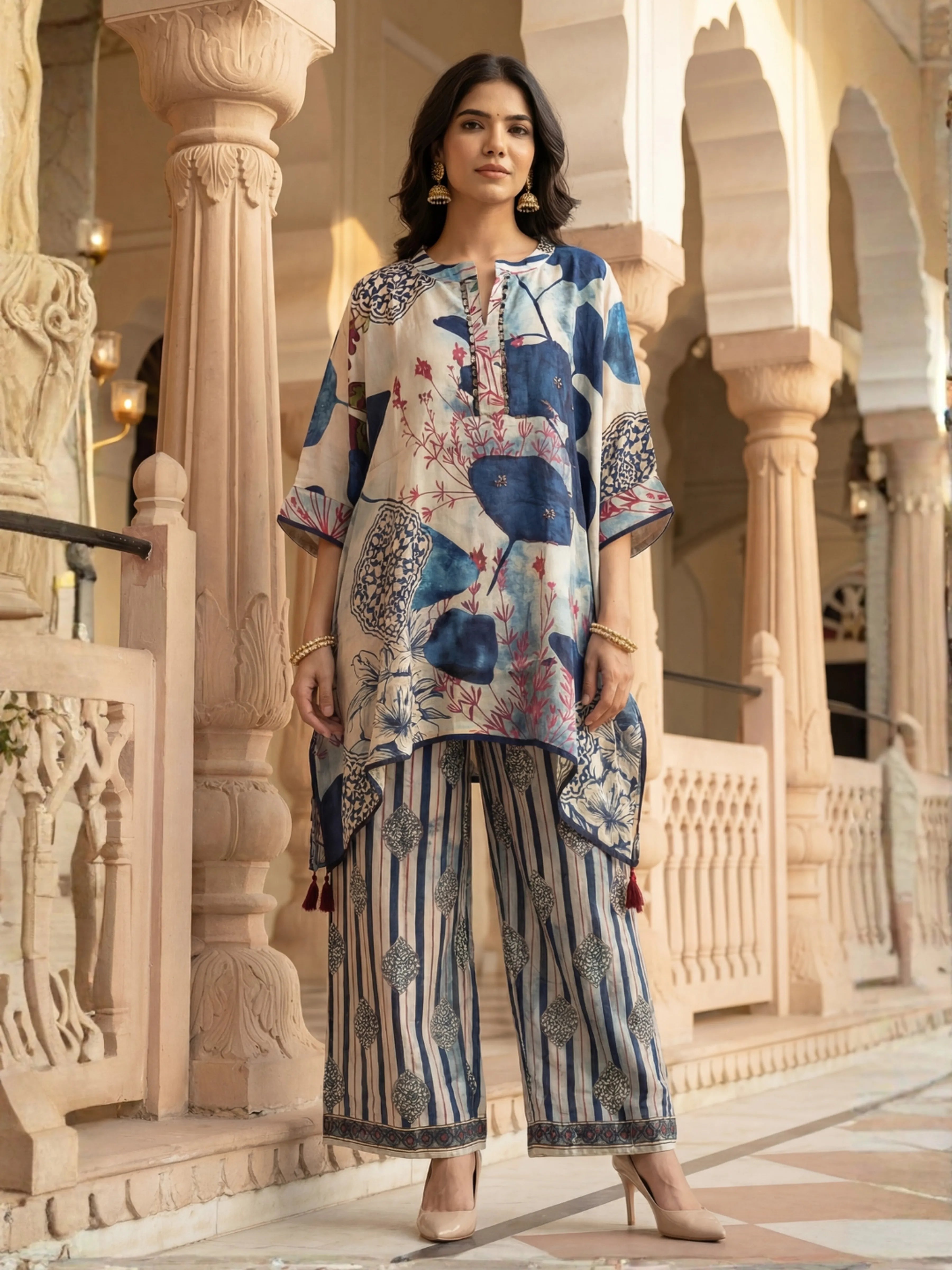 Blue & Beige Abstract High-Low Co-ord Set in Embellished Crepe