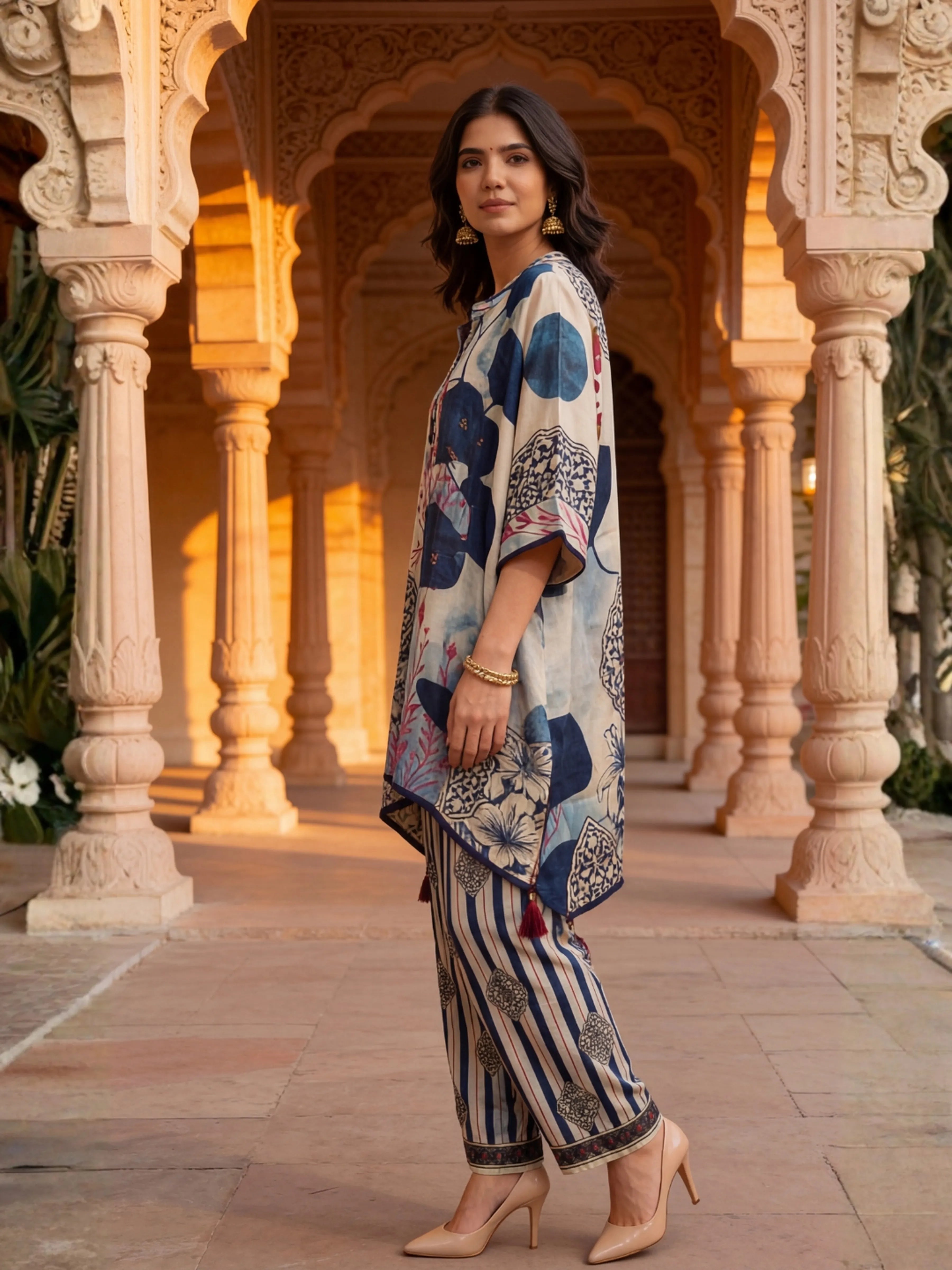 Blue & Beige Abstract High-Low Co-ord Set in Embellished Crepe