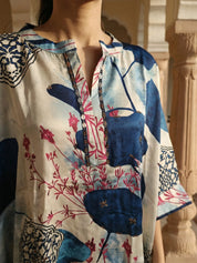 Blue & Beige Abstract High-Low Co-ord Set in Embellished Crepe