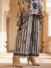 Blue & Beige Abstract High-Low Co-ord Set in Embellished Crepe