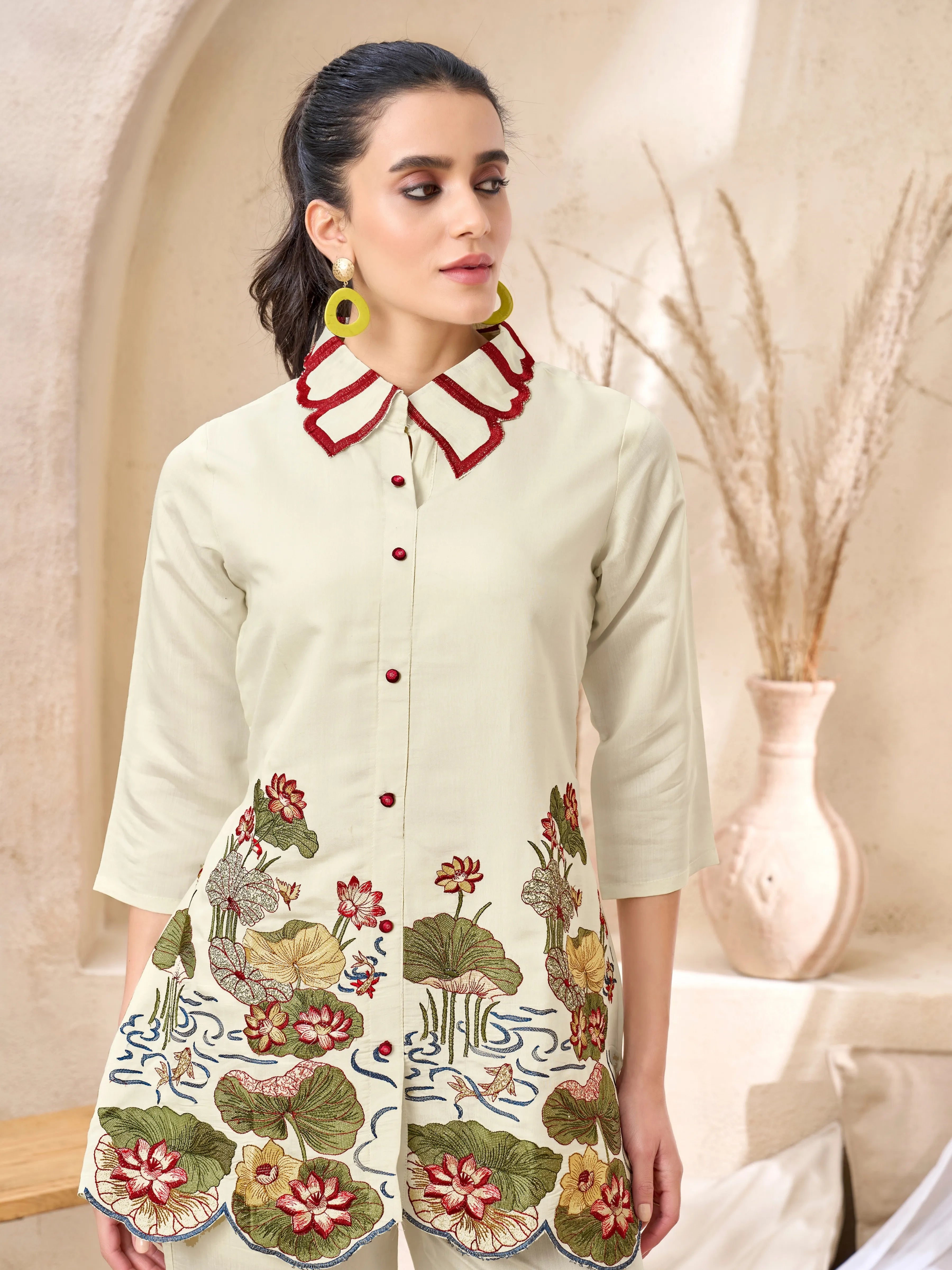 Pastel Base Embroidered Kurti Co-Ord Set