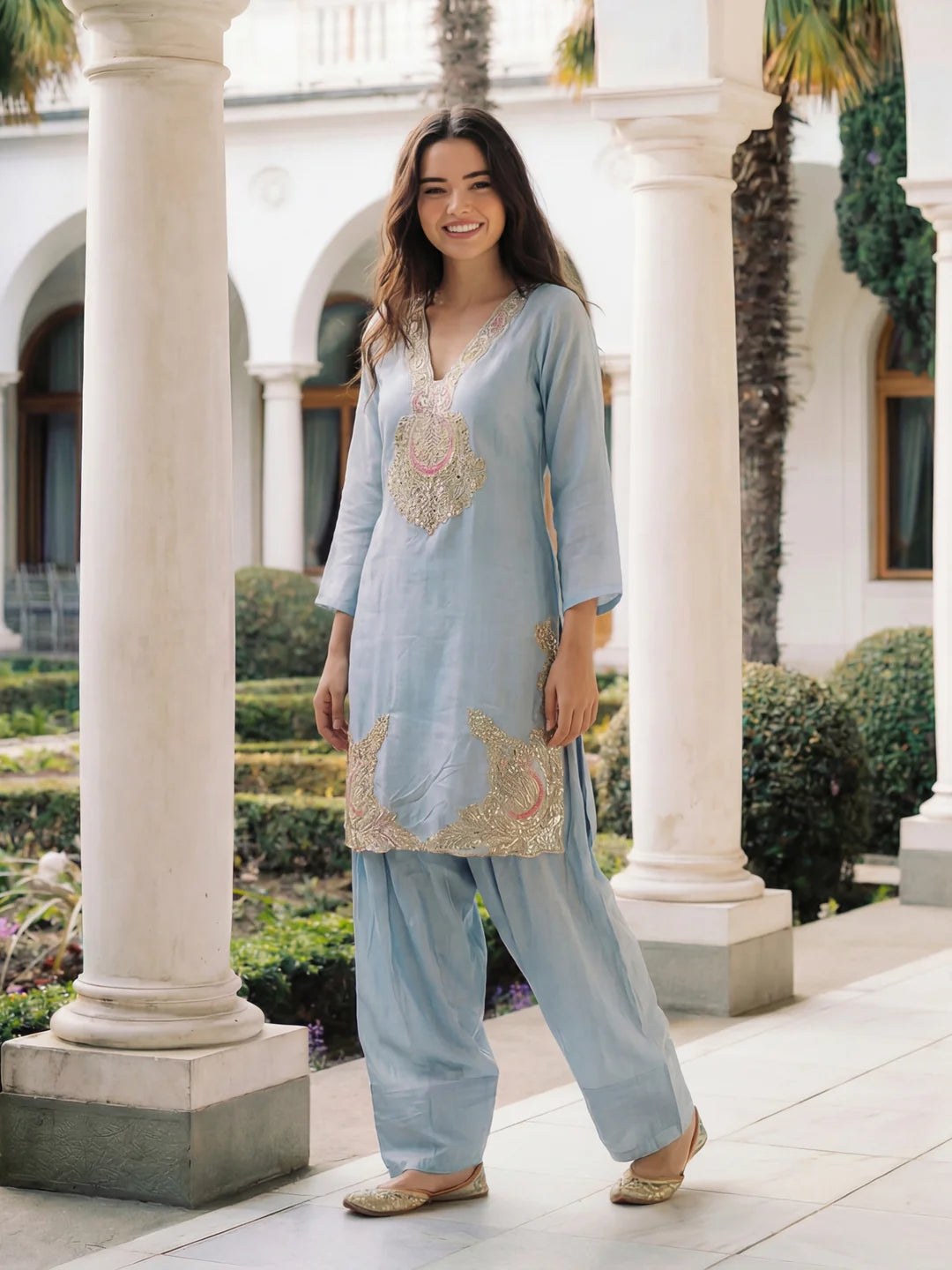 Pastel Blue Embroidered Dola Silk Farsi Salwar Set