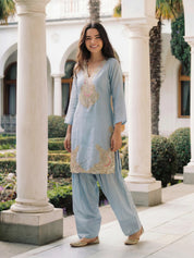 Pastel Blue Embroidered Dola Silk Farsi Salwar Set