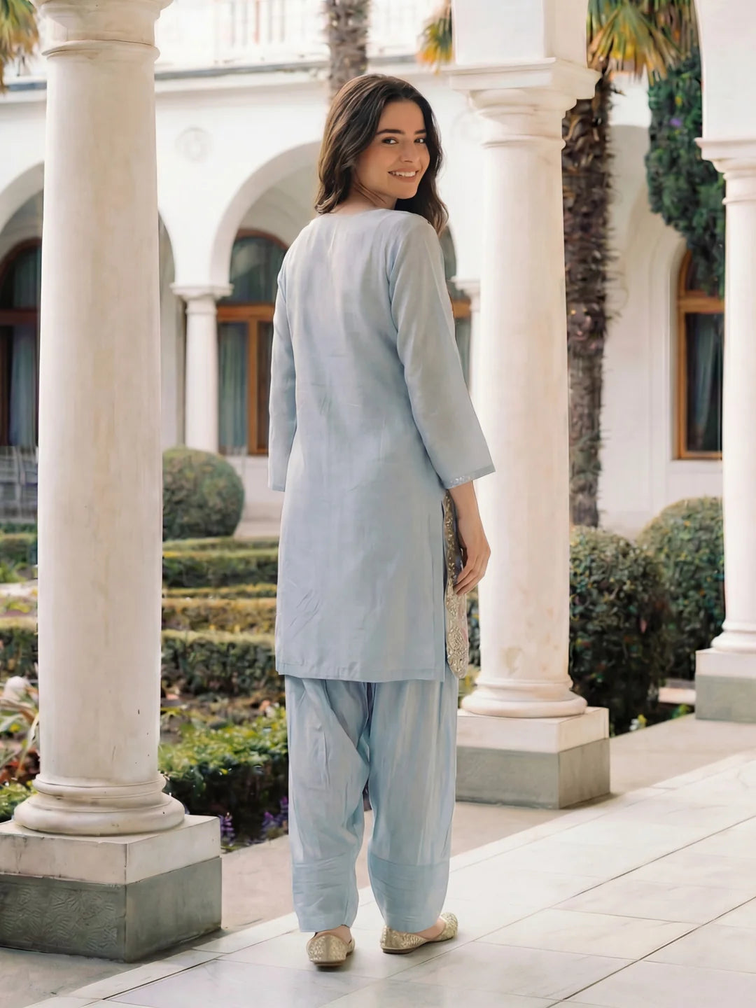 Pastel Blue Embroidered Dola Silk Farsi Salwar Set
