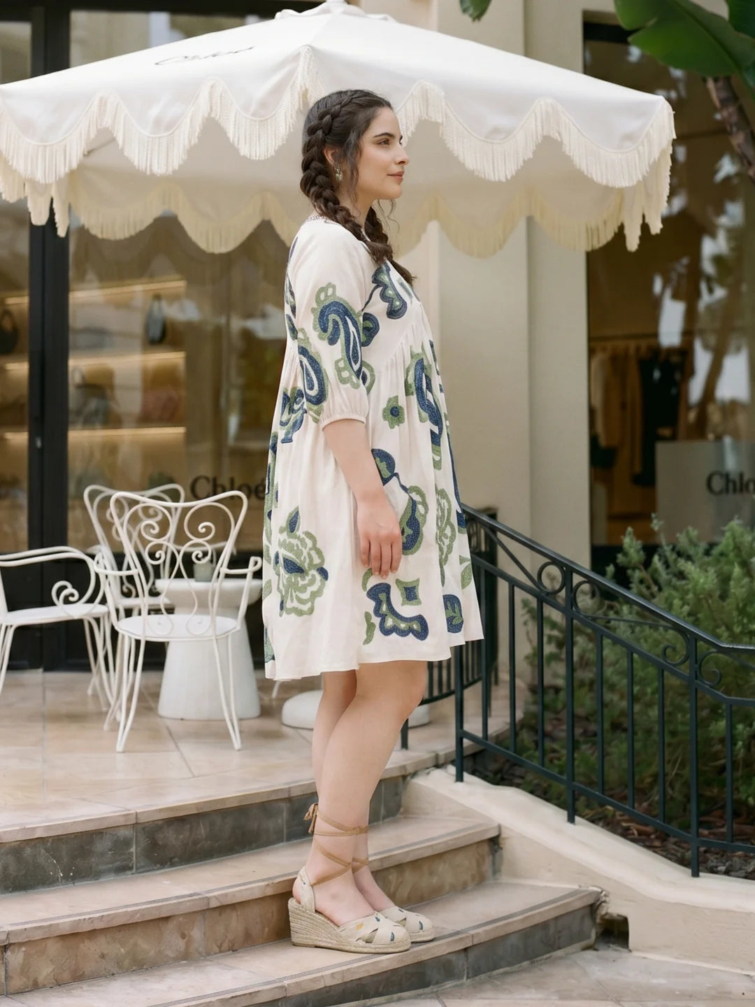 Ivory Embroidered Mini Dress in Cotton
