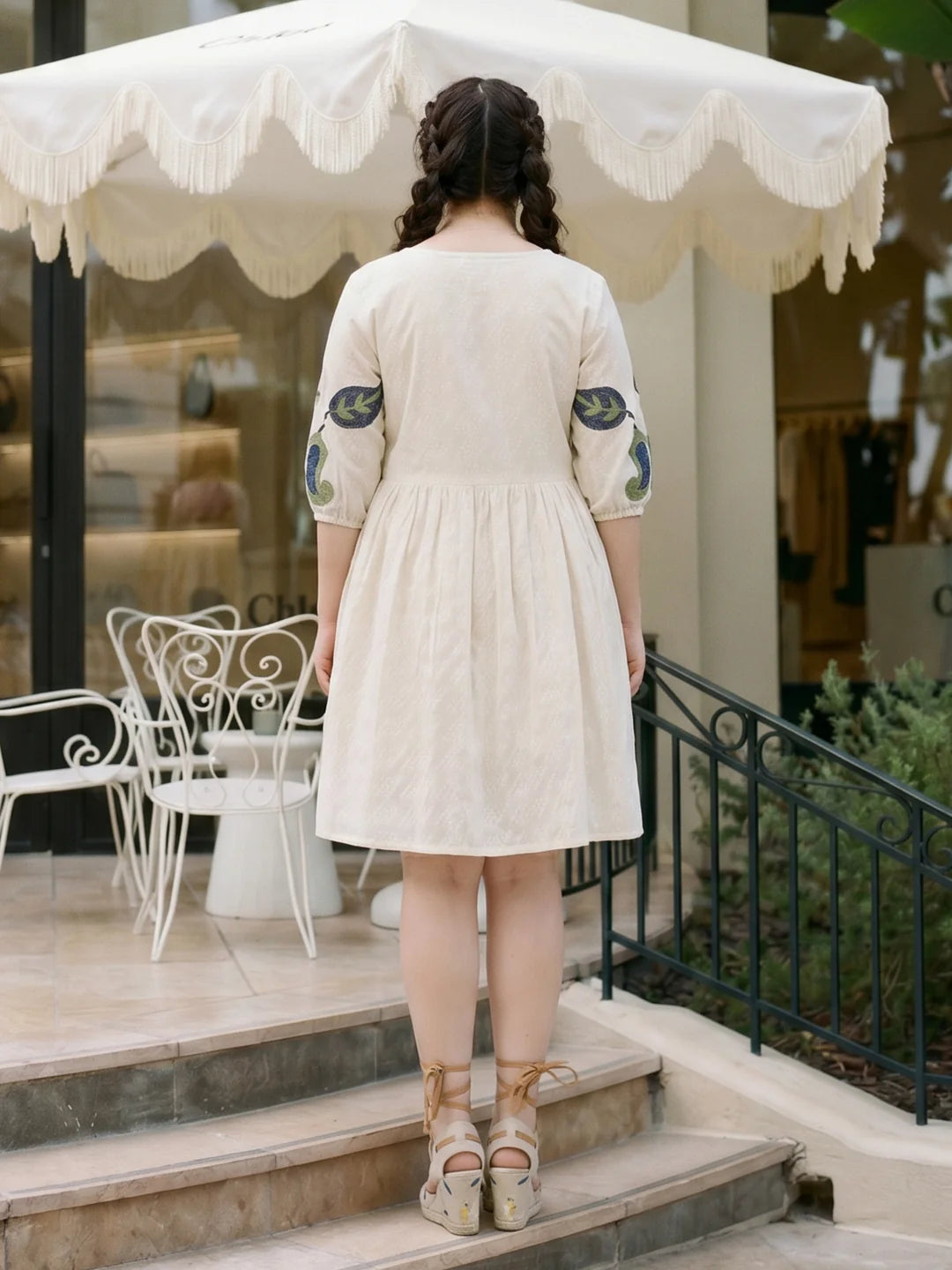 Ivory Embroidered Mini Dress in Cotton