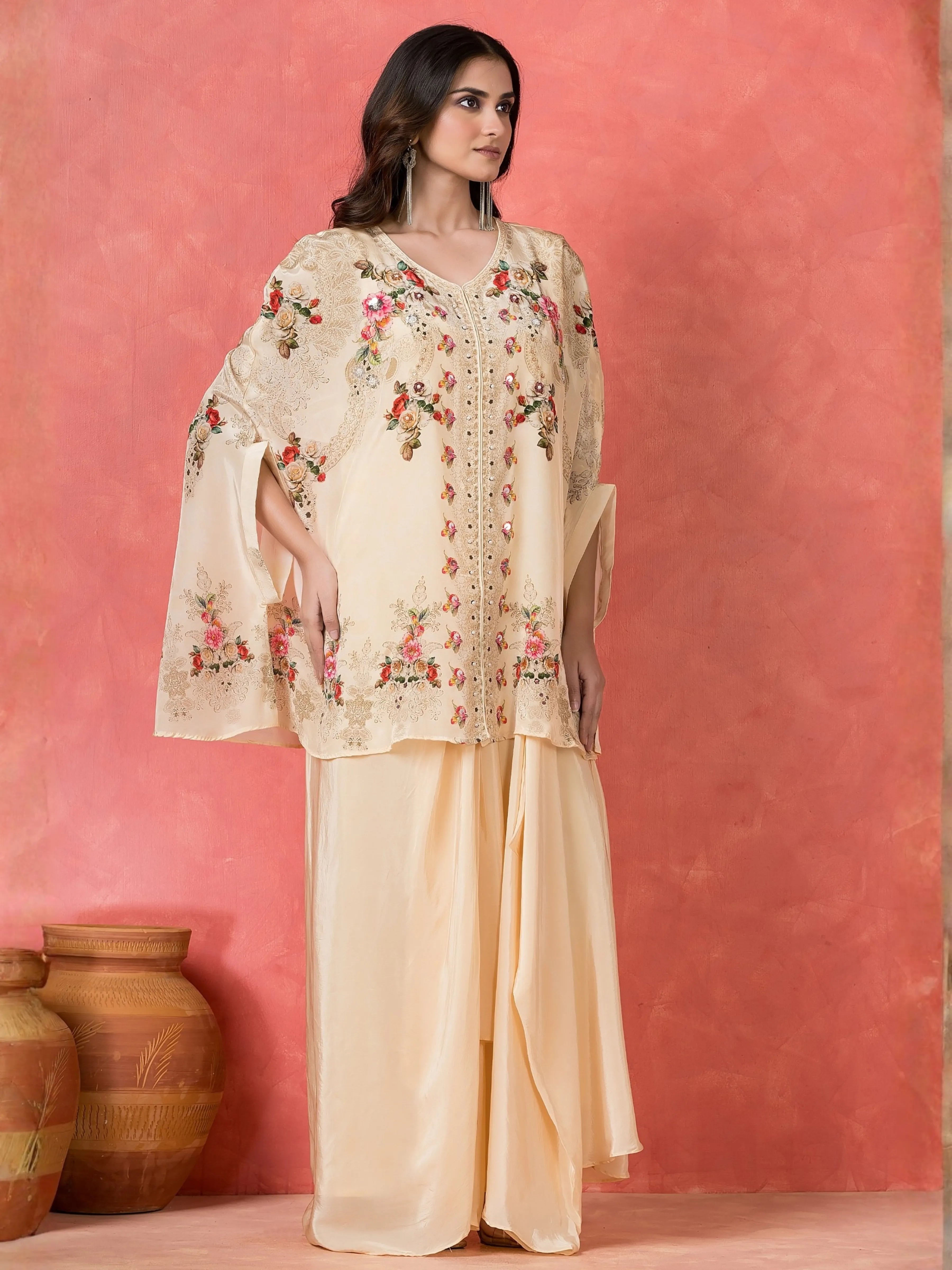 Cream White Floral Printed Kaftan-Style Overlay Gown Set in Crepe