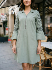 Sea Green Embroidered Bell Sleeve Mini Dress in Cotton Poplin
