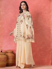 Cream White Floral Printed Kaftan-Style Overlay Gown Set in Crepe