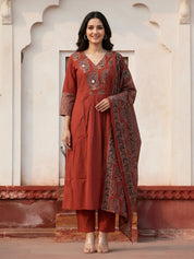 Brick Red Embroidered Kurta Set with Printed Dupatta in Cotton