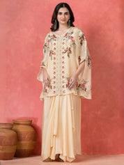 Cream White Floral Printed Kaftan-Style Overlay Gown Set in Crepe