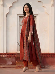 Brick Red Embroidered Kurta Set with Printed Dupatta in Cotton