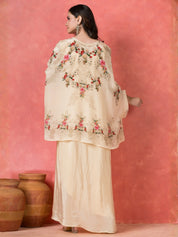 Cream White Floral Printed Kaftan-Style Overlay Gown Set in Crepe