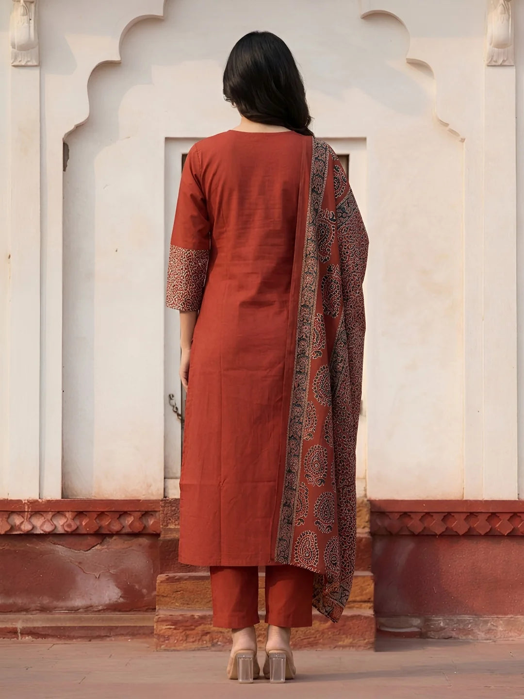 Brick Red Embroidered Kurta Set with Printed Dupatta in Cotton