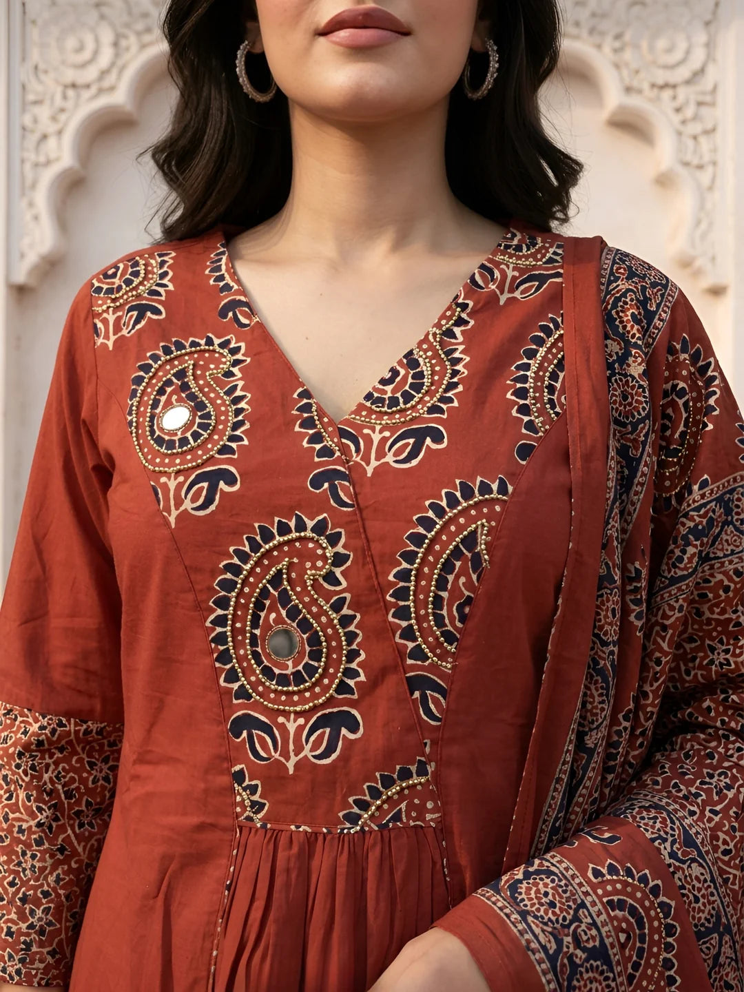 Brick Red Embroidered Kurta Set with Printed Dupatta in Cotton
