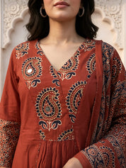 Brick Red Embroidered Kurta Set with Printed Dupatta in Cotton