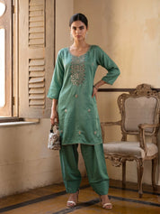 Sage Green Kurta Set with Farsi-Bottom Pants in Crepe