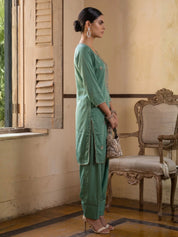 Sage Green Kurta Set with Farsi-Bottom Pants in Crepe