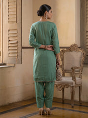 Sage Green Kurta Set with Farsi-Bottom Pants in Crepe