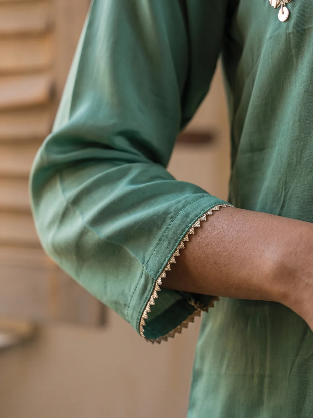 Sage Green Kurta Set with Farsi-Bottom Pants in Crepe