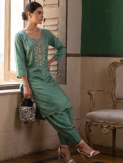 Sage Green Kurta Set with Farsi-Bottom Pants in Crepe