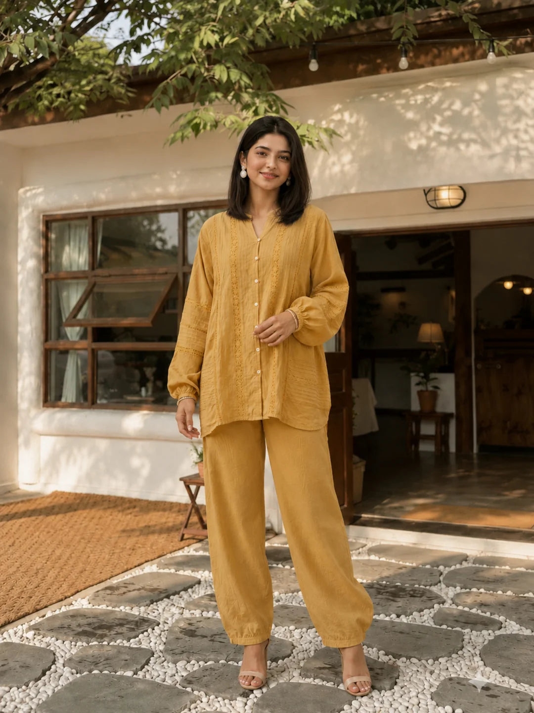 Light Yellow Embroidered Cotton Co-Ord Set