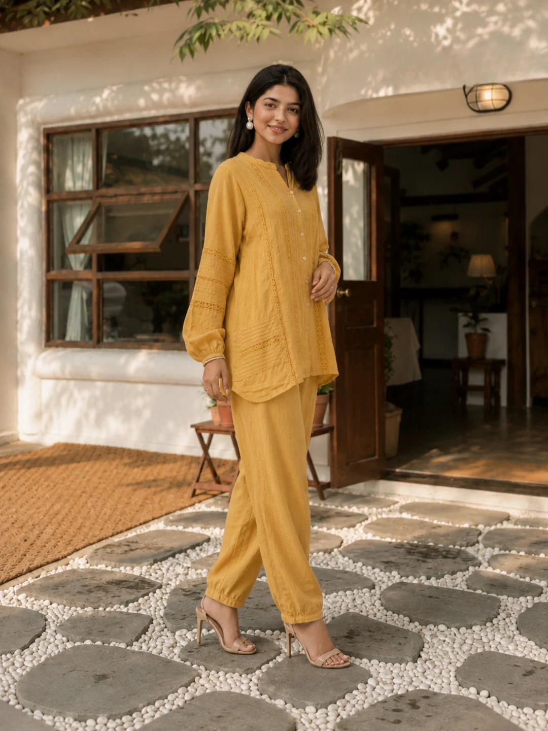 Light Yellow Embroidered Cotton Co-Ord Set