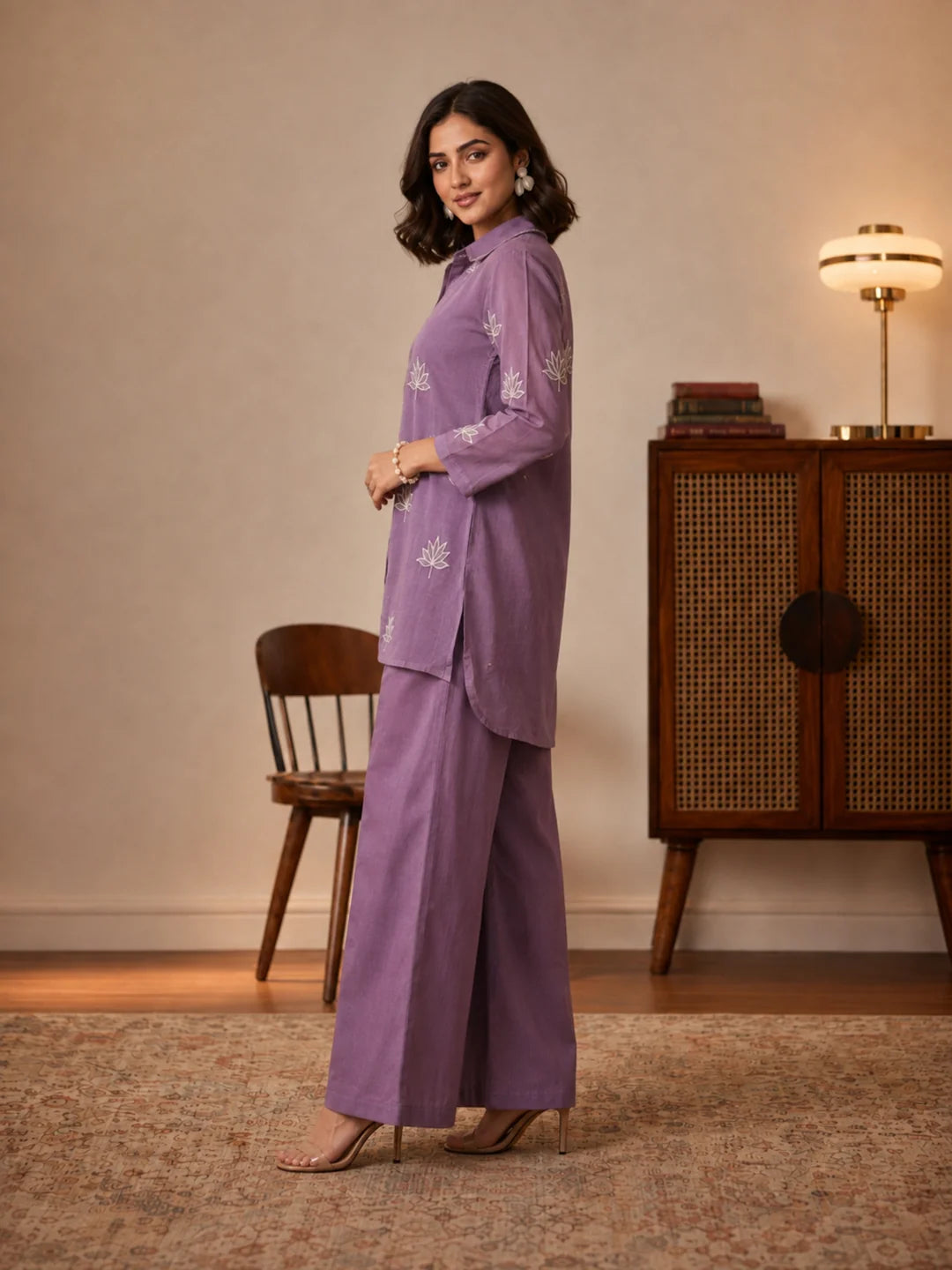 Lavender 3-Piece Co-ord Set with Decorative Placket & Wide-Leg Pants in Mul Chanderi